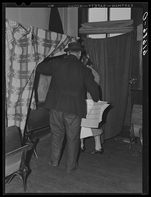 Going into polling booth. Election day, 1940. McIntosh County, North Dakota Digital ID: (intermediary roll film) fsa 8c18178 http://hdl.loc.gov/loc.pnp/fsa.8c18178