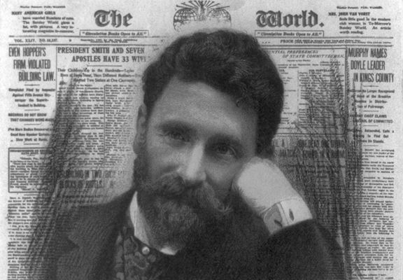 stylized Joseph Pulitzer in front of a picture of the New York World